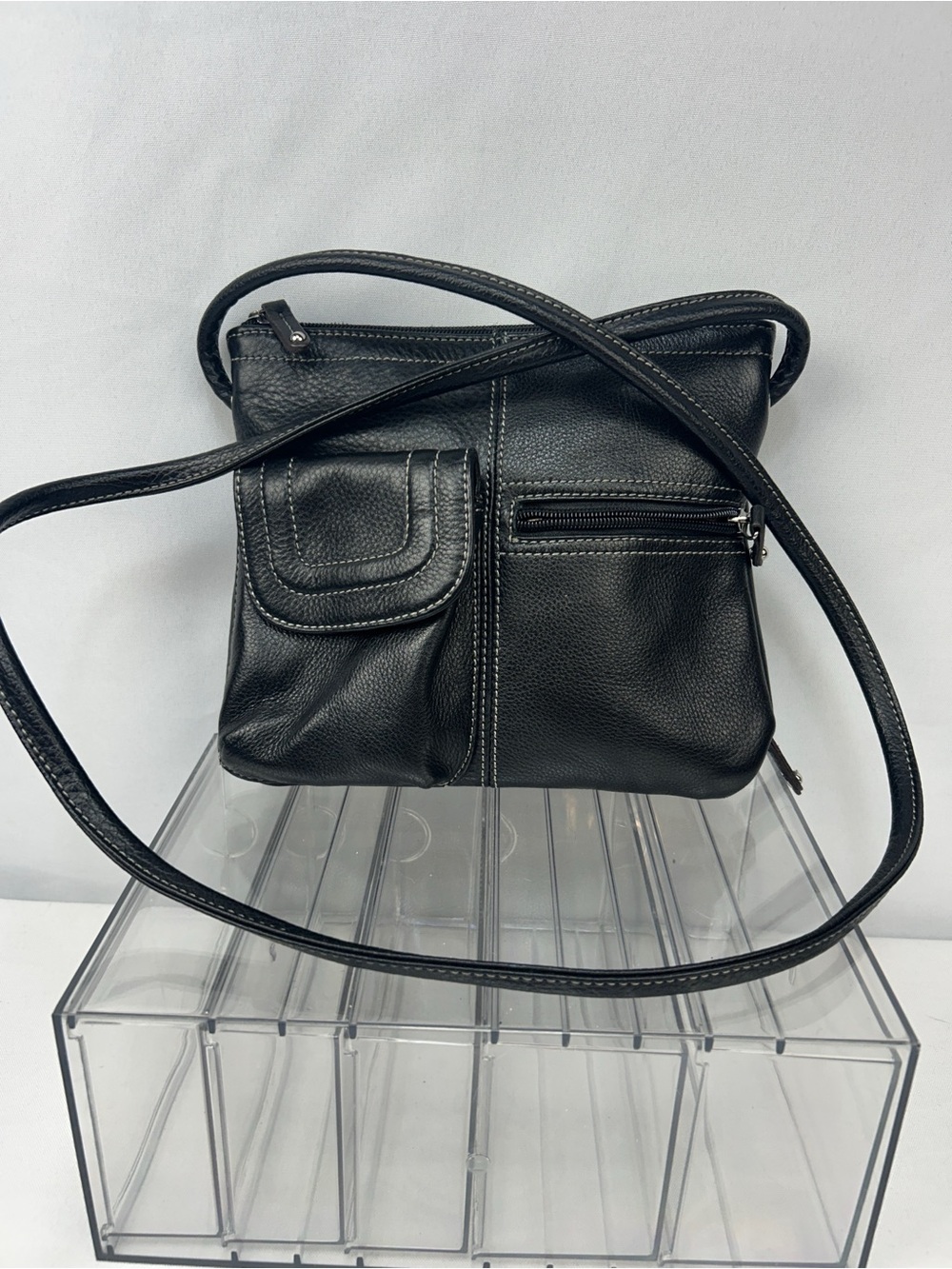 Tignanello Black Leather Crossbody with Front Flap and Zip Pocket